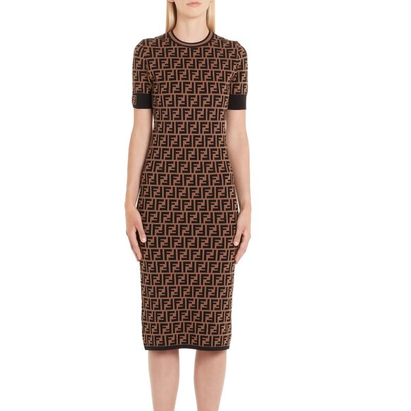 Fendi Knit Dress Short FF Zucca All-over Pattern Brown - Picture 1 of 9